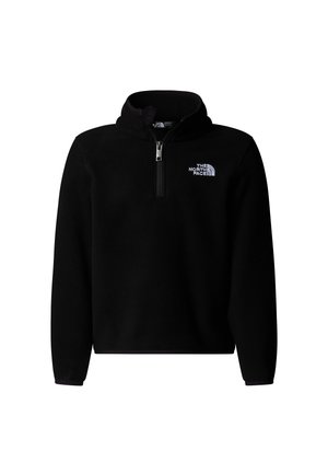 Pullover in pile nero con collo alto e chiusura con mezza zip. Presenta un piccolo logo bianco sul petto e polsini elasticizzati.