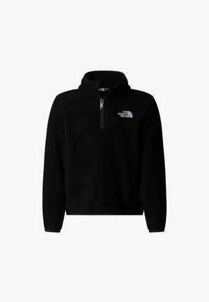 Crni flis pulover s visokim ovratnikom i pola patent zatvaračem. Na prsima ima mali bijeli logo i elastične manžete.