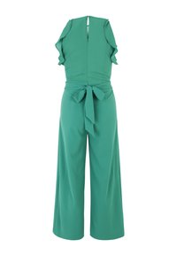 Grön one-piece med volangärmar, figurnära kropp och vida byxor. Har ett knytbälte i midjan och en nyckelhålsöppning bak.