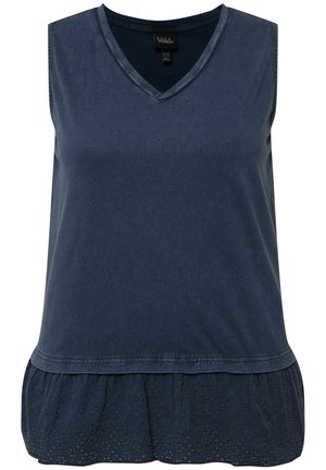 Granatowy bezrękawnik z dekoltem w serek, z teksturowanym, koronkowym wykończeniem dolnym w kwiatowy wzór i luźnym krojem. Wykonany z miękkiej mieszanki bawełny.