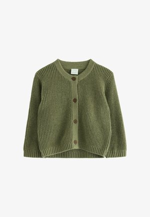 Olivgrüner Strickcardigan mit gerippter Textur, runder Ausschnitt und fünf braunen Knöpfen an der Vorderseite. Mit langen Ärmeln und einem cropped Saum.