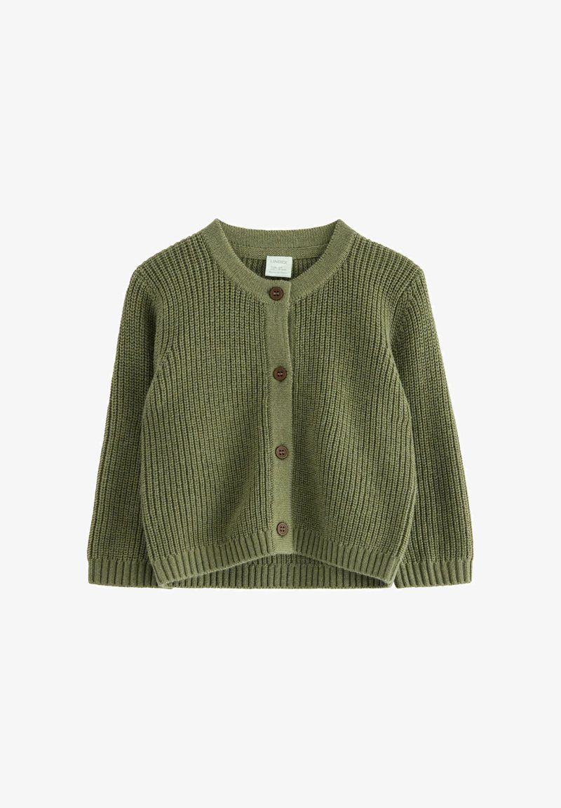 Olivgrüner Strickcardigan mit gerippter Textur, runder Ausschnitt und fünf braunen Knöpfen an der Vorderseite. Mit langen Ärmeln und einem cropped Saum.