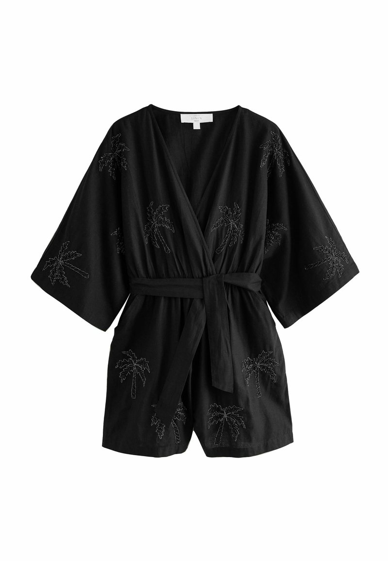 Crni laneni kimono s kratkim rukavima, s vezom palminog drveta. Uključuje odgovarajući pojas u struku za prilagodljivu veličinu.