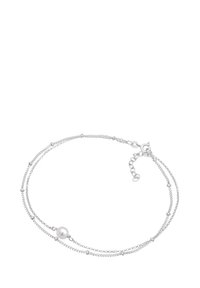 Silberne Kettenarmband mit zwei Strängen, einer zentralen weißen Perle und kleinen dekorativen Akzenten. Verschluss mit einer Verlängerungskette.