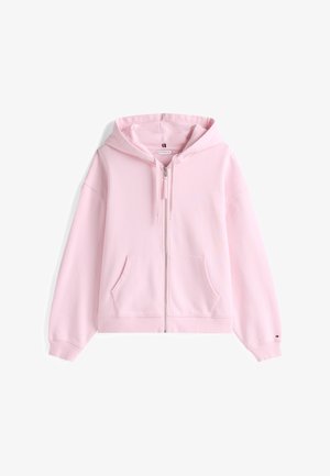 Rosa Zip-Hoodie aus Baumwolle, mit einer Fronttasche, verstellbarem Kapuzenzug und gerippten Bündchen. Dezente Logo-Details auf der Brust.