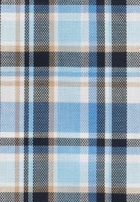 Kariertes Gewebe mit blauen, hellblauen und weißen Quadraten, die von schwarzen und braunen Linien durchzogen sind, mit einer strukturierten Webart.