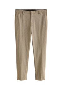 Pantalon habillé beige avec un motif à carreaux subtil, coupe droite, poches avant et devant plat. Le tissu semble texturé.