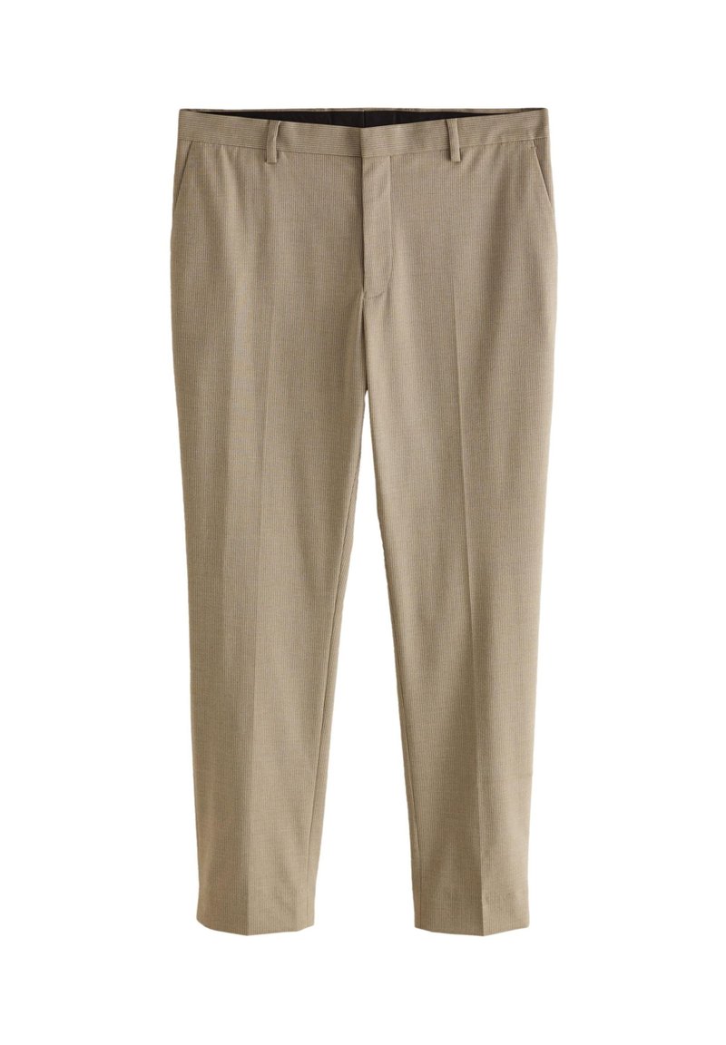 Pantalon habillé beige avec un motif à carreaux subtil, coupe droite, poches avant et devant plat. Le tissu semble texturé.