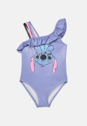 Lavendelfarbener einseitiger Badeanzug mit Volantbesatz, der eine auf dem Kopf stehende blaue Cartoonfigur zeigt, sowie drei dünnen Schulterriemen in Schwarz, Rosa und Lavendel.