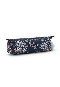 Astuccio a pennarello con motivo floreale in tessuto blu navy dalla finitura tessurizzata. Presenta una chiusura con zip e un accento morbido e soffice di colore azzurro chiaro.