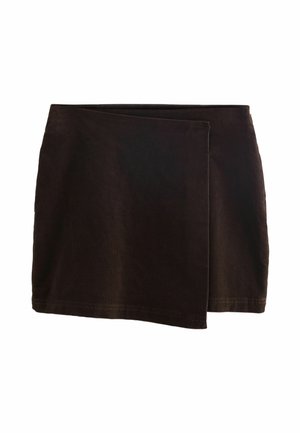 Black wrap mini skirt in soft fabric with an asymmetric hem, featuring a smooth texture and a wide waistband for a sleek look.