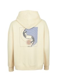 Felpa con cappuccio di cotone crema, caratterizzata da una grande grafica sul retro con due figure e onde in blu e nero, delimitata da un contorno quadrato.