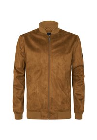 Giacca bomber in suede marrone con zip frontale, colletto e polsini a costine, e tasche laterali. Texture liscia con una silhouette aderente.