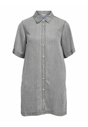 Gray denim shirt dress with short sleeves, button-down front, and a classic collar.