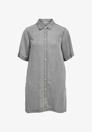 Gray denim shirt dress with short sleeves, button-down front, and a classic collar.