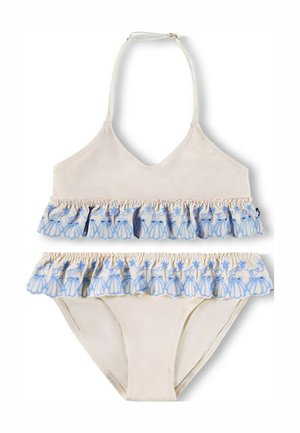 Dwuczęściowy strój kąpielowy wykonany z beżowej tkaniny, z falbaniastym niebieskim haftowanym wzorem na górze i dole. Regulowane zapięcie na szyi.
