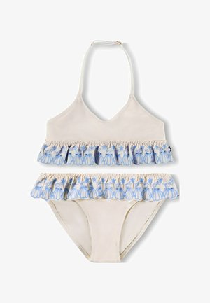 Costume da bagno a due pezzi realizzato in tessuto beige, con un motivo ricamato blu arricciato sia sul top che sui pantaloni. Scollo a halter regolabile.