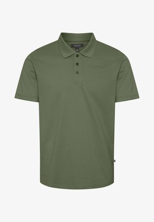 Oliwkowa koszulka polo z miękkiej bawełny, z kołnierzykiem, trzyguzikowym zapięciem, krótkimi rękawami i subtelnym logo na klatce piersiowej.