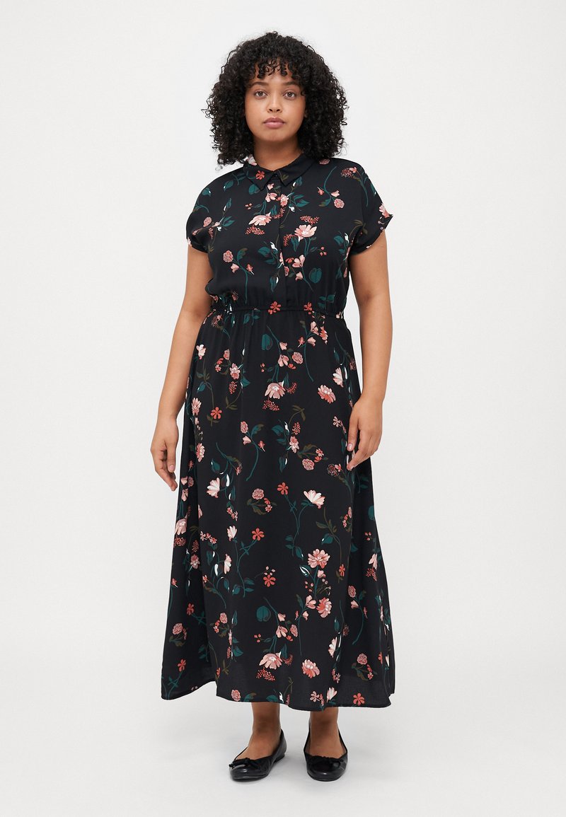 Black maxi dress with floral print in pink and green, short sleeves, buttoned collar, and an elastic waist for a relaxed fit.