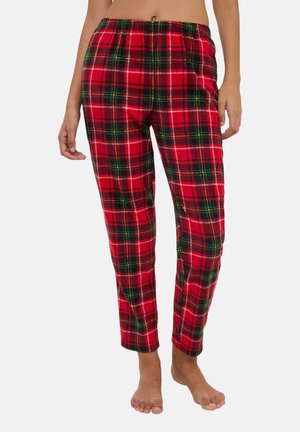 Pantaloni da pigiama a quadri rossi e verdi con vita elasticizzata. Presentano una superficie di tessuto morbido e gambe affusolate. Nessuna tasca visibile.