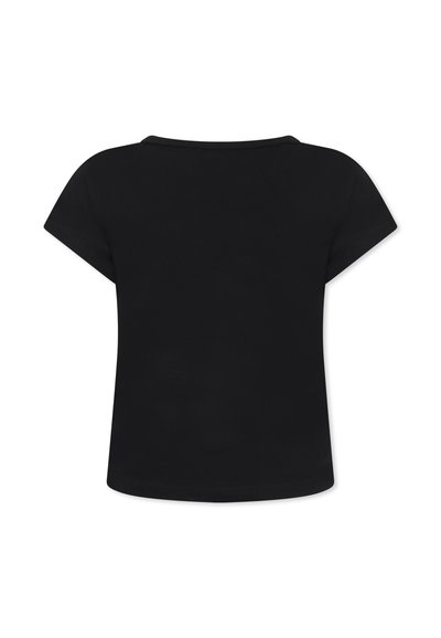 T-shirt nera a maniche corte con scollatura rotonda, realizzata in tessuto morbido. Presenta un design semplice senza motivi o accenti visibili.