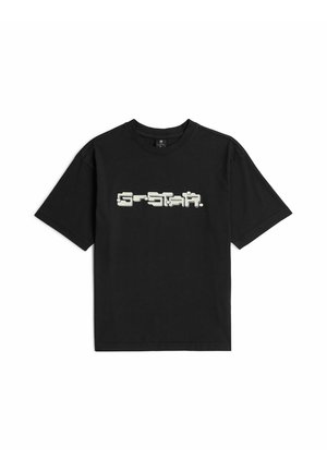 Czarna koszulka z krótkim rękawem z futurystycznym białym logo "G-STAR" nadrukowanym na piersi.