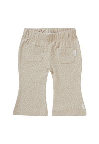 Pantalons évasés beige clair en tissu texturé, avec un motif à pois subtil, taille élastique et deux poches arrière plaquées.