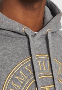 Felpa con cappuccio grigia con logo ricamato in oro, dotata di coulisse con occhielli metallici e tessuto morbido e strutturato.