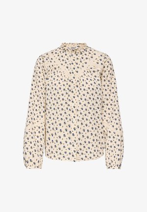 Blouse crème à manches longues avec petit imprimé floral bleu et vert, fermeture boutonnée à l'avant, col montant et détails en dentelle aux épaules et aux manches.
