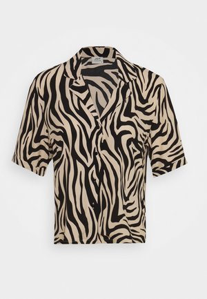 Beige short-sleeve button-up shirt with black zebra stripe pattern and a notched collar on a white background.