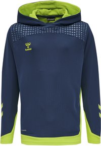 Dunkelblauer Kapuzenpullover mit limonengrünen Akzenten, strukturiertem Schulterbereich mit gepunktetem Muster und Logo auf der Vorderseite.