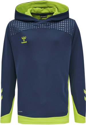 Marineblå hættetrøje med limegrønne detaljer, struktureret skulderområde med et prikket mønster og logo på fronten.