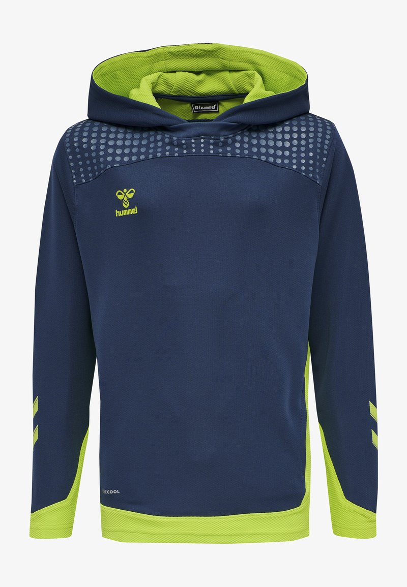 Marineblauwe hoodie met limoengroene accenten, gestructureerd schoudergebied met een gestippeld patroon en logo op de voorkant.