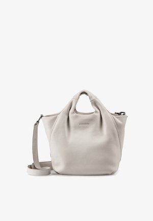 Weiche hellgraue Lederhandtasche mit abgerundeten oberen Griffen und abnehmbarem Schulterriemen, genarbte Textur und dezentem Markenlogo auf der Vorderseite.