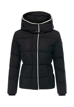 Giacca nera imbottita con colletto alto, piping bianco e bottoni a pressione. Presenta una forma aderente e maniche lunghe con polsini a coste.