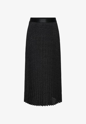 Jupe midi plissée noire en tissu texturé brillant avec une large ceinture lisse.