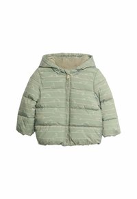 Polstret jakke i lys grøn med hætte, prydet med hvide linje mønstre af katte. Den indvendige foering er beige og har en lynlås lukning foran.