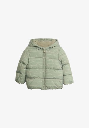 Padded jacket in light green with a hood, featuring white line patterns of cats. The inner lining is beige, with a zipper closure at the front.