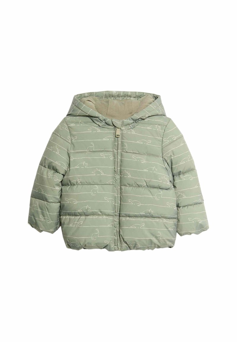 Polstret jakke i lys grøn med hætte, prydet med hvide linje mønstre af katte. Den indvendige foering er beige og har en lynlås lukning foran.