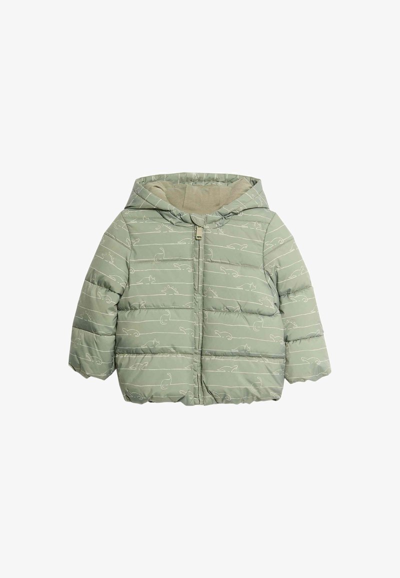 Polstret jakke i lys grøn med hætte, prydet med hvide linje mønstre af katte. Den indvendige foering er beige og har en lynlås lukning foran.