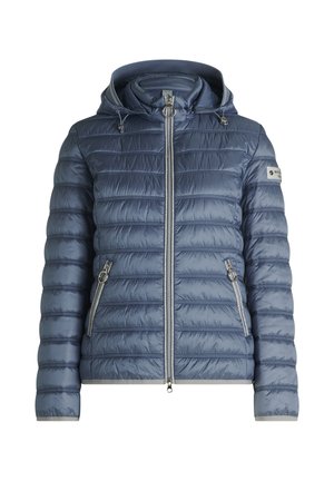 Gewatteerd donsjack in donkerblauw, voorzien van een capuchon, zakken met ritssluiting en zilverkleurige accenten. Gladde textuur met een aansluitend ontwerp.