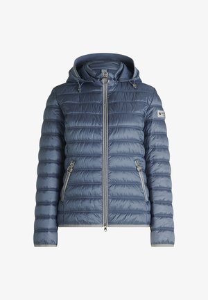 Doudoune matelassée bleu foncé, dotée d'une capuche, de poches zippées et de détails métalliques argentés. Texture lisse avec une coupe ajustée.