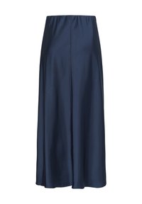 Tumši zila satīna svārki ar elastīgu jostu, pilnas garuma un gluda, spīdīga tekstūra. Iezīmē vienkāršu, bez dekoratīviem elementiem dizainu.