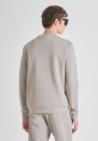 Sudadera gris clara con mangas largas y puños acanalados. Presenta un cuello redondo y una textura suave y lisa. Combina con pantalones a juego.