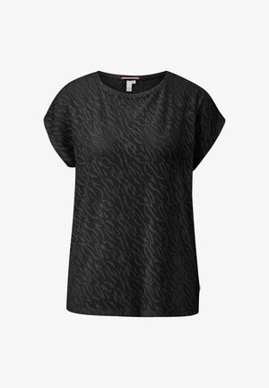 Must alusega lühikeste varrukatega pluus, millel on tekstuurne muster erinevates toonides, ümmargune kaelus ja lõtv istuvus. Valmistatud kergetest materjalidest.