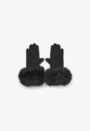 Gants noirs en matériau lisse, avec un poignet en fausse fourrure duveteuse. Ils comportent cinq doigts et un design sans couture.