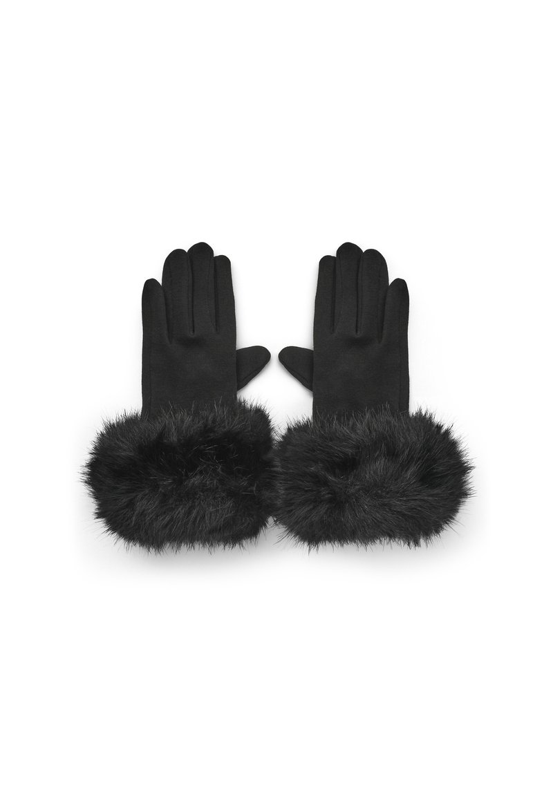 Gants noirs en matériau lisse, avec un poignet en fausse fourrure duveteuse. Ils comportent cinq doigts et un design sans couture.