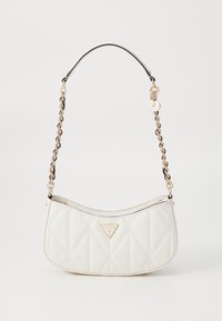 White quilted handbag with a curved shape, gold chain and leather strap, featuring a triangular logo on the front.