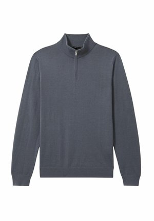 Pullover grigio in maglia con collo alto a zip, maniche lunghe, polsini a coste e una texture liscia, caratterizzato da un design minimale e senza fantasie.
