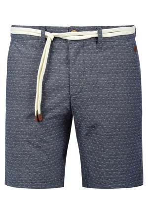 Pantaloni scurți bărbați cu un model albastru, dintr-un material texturat. Au un șnur crem cu un accent din lemn la talie.